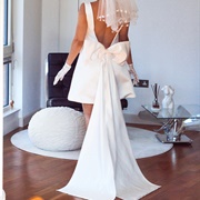 Short Wedding Dress With Long Bow in Back