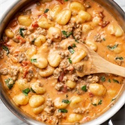 Sausage, Marble Cheddar, Chicken, Boiled Egg, Tomato, and Avocado Gnocchi Casserole