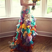 Wedding Dress Made of Multi-Colored Fabric Scraps