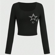 Long Sleeve Top Black Glitter Star