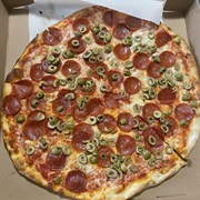 Pepperoni and Green Olive Pizza