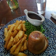 Steak and Kidney Pudding, Chips, and Peas
