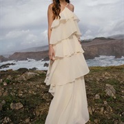 Pointed Halter Tiered Ruffle Dress