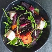 Puy Lentils With Roasted Carrots, Beetroot, Arugula, Walnuts, and Goat Cheese