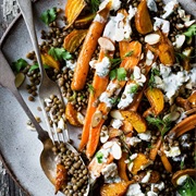 Roasted Carrot, Beetroot, and Lentil Salad With Goat Cheese and Honey-Roasted Walnuts
