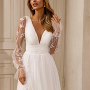 Embroidered Sheer Sleeves Wedding Dress