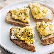 Scrambled Egg, Marble Cheddar, and Caramelized Onion Open-Faced Sandwich
