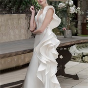Cascading Spiral-Shaped Ruffle Down One Side of Dress