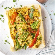 Scrambled Egg, Parmesan, Red Bell Pepper, and Red Onion Open-Faced Sandwich
