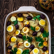 Bacalhau Casserole With Egg Potatoes and Olives