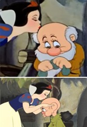 Snow White Kissing Dopey Bashful on the Head in Snow White (1937)