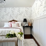 Bedroom Wainscoting With Floral Wallpaper Above