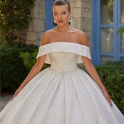 Downward Sloping Bardot Neckline, Wedding Dress