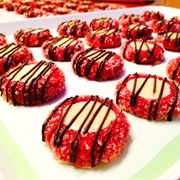 Chocolate Drizzle Red Velvet Cream Cheese Thumbprint Cookie