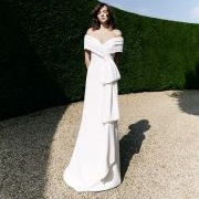 Off-Shoulder Collar to Tiered Side Draping