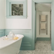 Colored, Recessed Panel Wainscoting in Bathroom