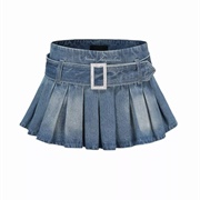 Pleated Denim Mini Skirt With Denim Belt Light Blue