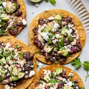Blue Corn Tacos With Black Bean Chilli Guacamole Feta Salsa and Lettuce
