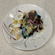 M&M Brownie, Moon Mist Ice Cream, Smarties, and Potato Chip Sundae With Crispy Crunch