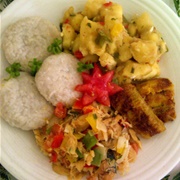 Stewed Salt-Fish, Spicy Plantains, Seasoned Breadfruit, Coconut Dumplings (Saint Kitts and Nevis)