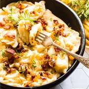 Potato, Fried Onion, and Mushroom Pierogi Casserole With Vegetables, Chicken, and Cheese