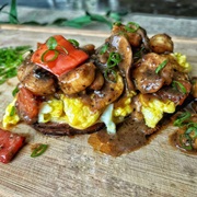 Caraway Rye Bread With Scrambled Eggs and Hickory Bourbon BBQ Sauce