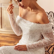 Off-Shoulder Beaded Sleeves Wedding Gown