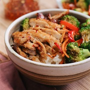 Hot Honey BBQ Chicken, Tomato, Cucumber, and Boiled Egg Rice Bowl With Sesame