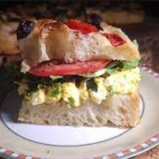 Rosemary Focaccia With Scrambled Eggs, Parmesan, and Date Paste