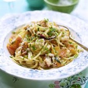 Linguine With Crab, Spring Onions, Cayenne, and Citrus Zest