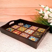 Wood and Tile Tray Sitting on Kitchen Counter or Table