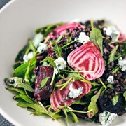 Roasted Beetroot, Carrot, Lentil, and Goat Cheese Salad With Dill Hazelnut Pesto