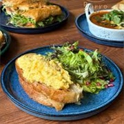 Multigrain Sourdough Bread With Scrambled Eggs and Sweet and Sticky BBQ Sauce