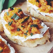 Pumpernickel Bread With Delicata Squash, Acorn Squash, and Red Bell Pepper Stew