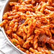 Fried Gemelli With Tomato Sauce and Peas