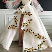 Flower Decor Around High-Low Ruffles on Skirt