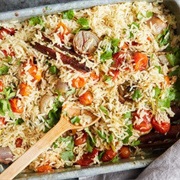 Baked Kale Rice With Halloumi.