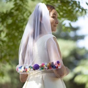 Wedding Veil With Colorful Pom Poms on Edge