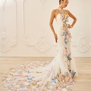 Flowers Down Middle Front of Dress, Spread on Train