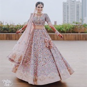 Dupatta Pinned to Head, Draped Over Shoulder