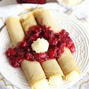 Almond Cream, Raspberry, Red Berry Sauce Raspberry Sauce and Vanilla Cream Crepe